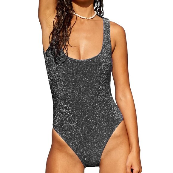 BERLOOK  Lurex 1 Piece Swimsuit Square Neck Tummy Control Backless Bathing Small - Picture 1 of 1